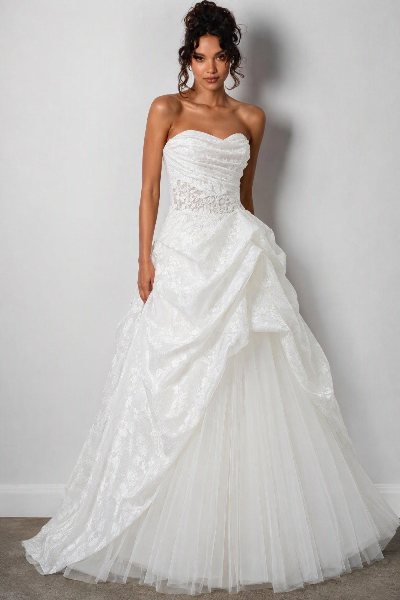 A-Line Court Train Printed Gauze Wedding Dress CW3235 - 45 Days / As Picture:Ivory/Nude / US0-UK2-EUR30 - COCOMELODY